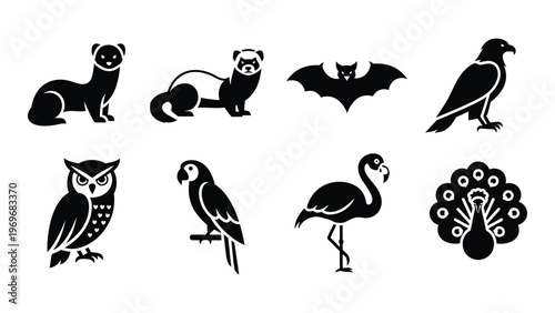 A collection of diverse animal figures including a ferret bat owl flamingo and peacock presented in stark silhouette high quality professional