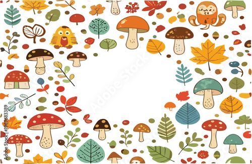 Autumn mushroom and leaves frame composition with forest elements, fall season decorative border cartoon vector illustration set