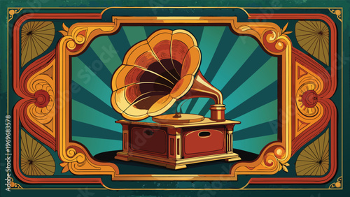 Vintage gramophone sitting on a table with colorful background and decorative design elements around it in a retro style