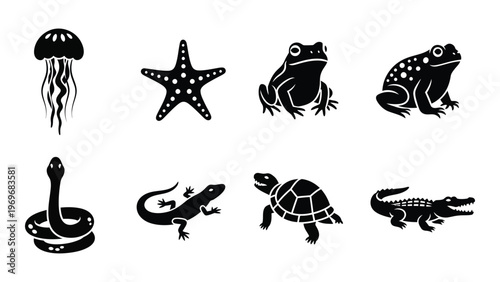 A collection of marine and land animal icons in a flat dark style presented as a cohesive set of silhouettes