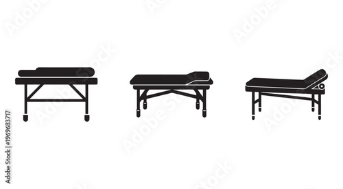 Three black massage beds with wheels in different positions for spa and therapy use