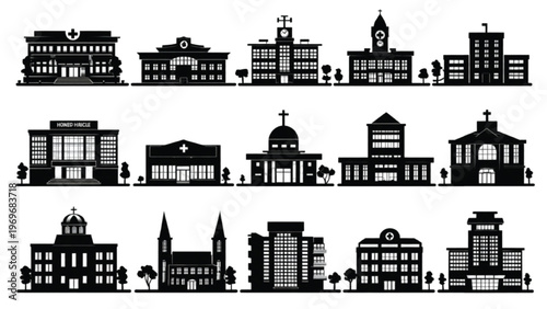 Set of hospital building silhouettes with clinic structure and healthcare facility variations