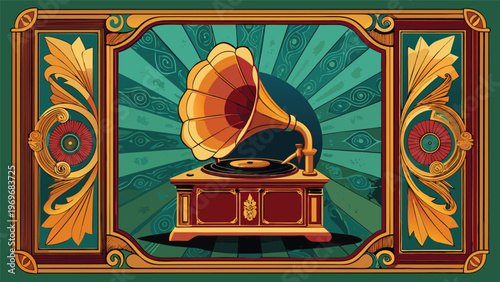 Vintage gramophone on a green background with decorative elements and design showing music history