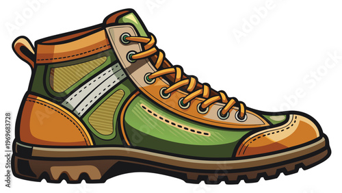 Green and brown hiking boot designed for outdoor activities and adventures with strong grip and support