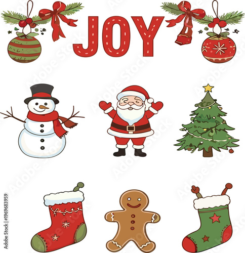 Christmas holiday elements set with Santa snowman tree stockings ornaments and gingerbread, festive winter cartoon vector illustration collection