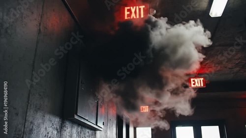 Smoke billowing from electrical panel in corridor with illuminated exit signs, showcasing a dramatic scene of potential danger and urgency in a commercial building setting