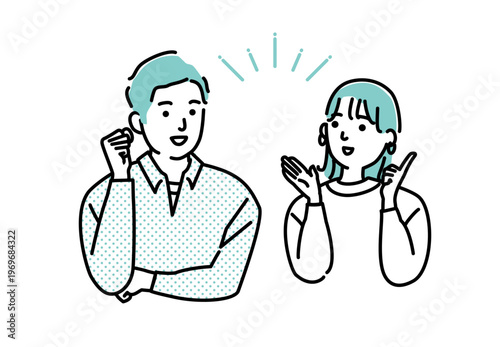 会話するカジュアルな服装の若い男女