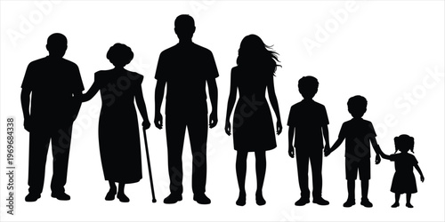 Quadro em tela Diverse Family Generations Silhouettes Standing Together on White Background peo