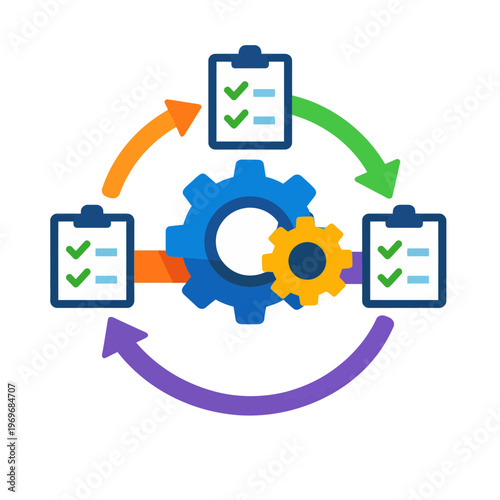 Workflow automation concept with gears and checklist icons representing a cyclical process of tasks and approvals