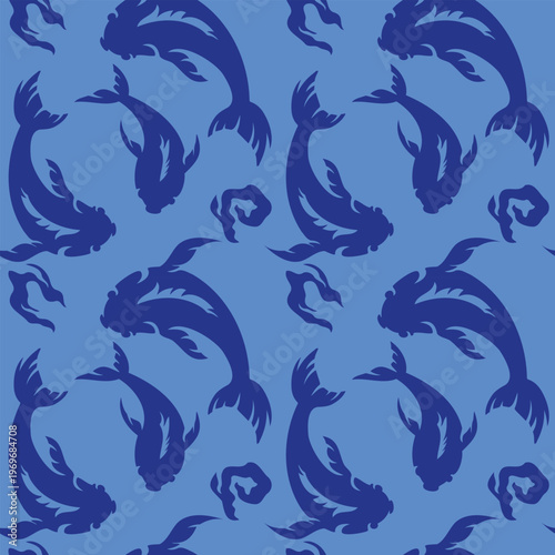 This captivating vector pattern depicts a seamless underwater scene filled with swimming fish, flowing currents, and deep blue tones. The drawn style captures the movement and depth of aquatic life, m