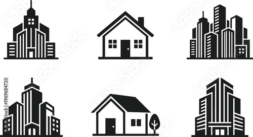 Professional set of real estate line icons featuring residential houses, suburban homes, modern office buildings, city skyscrapers, and urban architectural structures.