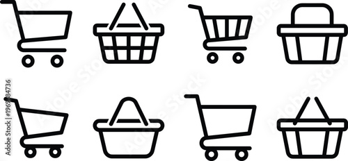Vector Set of Shopping Carts and Baskets Icons for E-commerce Retail Business Store Online Grocery Shopping and Consumerism Design Assets