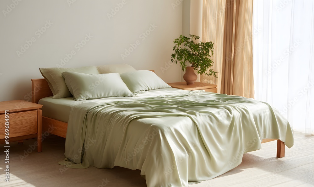 Fototapeta premium bamboo sheet set in soft sage green, elegantly draped over a minimalist wooden bed, smooth silky fabric, natural flowing folds, luxurious soft texture, breathable and fluid bedding