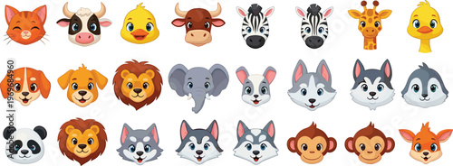 Cute animal face collection with lion, elephant, dog, zebra, giraffe and farm animals cartoon vector illustration set