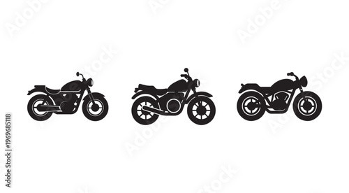 Three black motorcycle silhouettes in different positions on white background  side views