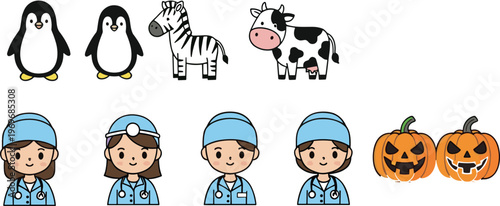 Cute cartoon characters set with animals doctors and Halloween pumpkins, kids themed vector illustration collection for design