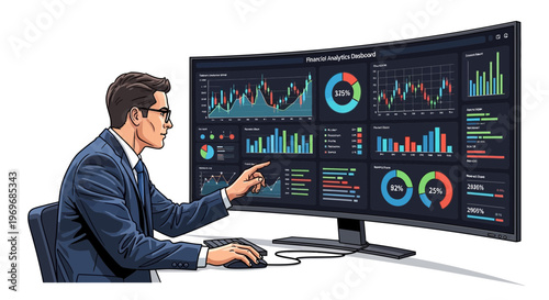 Businessman analyzing financial data on large curved display vector illustration