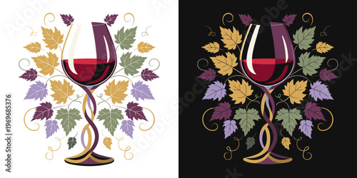 Elegant wine goblet and grape leaves ornament ,  isolated on contrast background