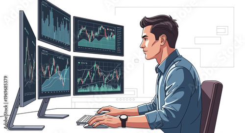 Businessman analyzing financial data on multiple computer screens