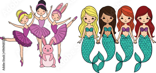Cute ballerina girls and mermaid characters set with bunny, cartoon fantasy kids illustration collection for children design vector
