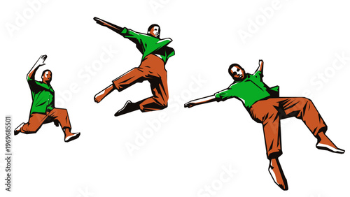 Dynamic action sequence of a jumping man parkour in stencil vector
