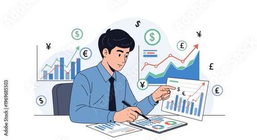 Businessman analyzing financial data on multiple computer screens