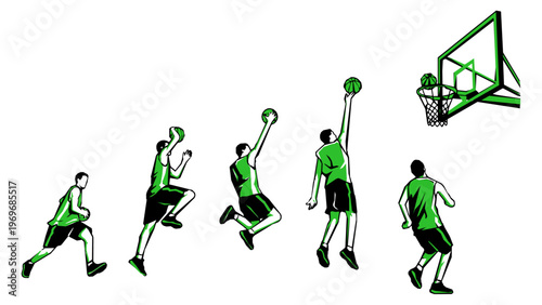 Action sequence of a basketball player shooting a layup in stencil vector

