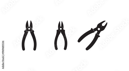 Three black pliers icons in different positions on white background for tools and equipment concepts