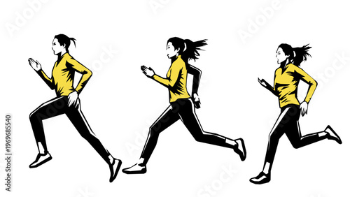 Dynamic action sequence of a running woman in jagged stencil vector
