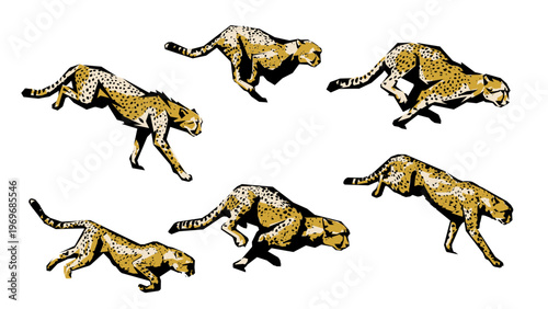 Dynamic running sequence of a cheetah in jagged silhouette vector
