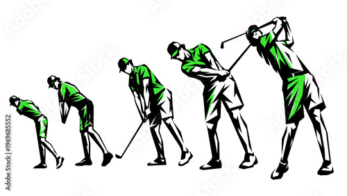 Action sequence of a golfer swinging a golf club in stencil vector
