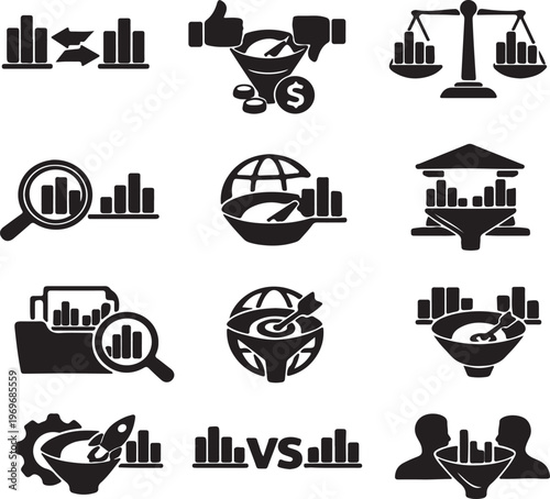 A collection of black icons representing data analysis, business funnels, and statistical charts.