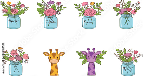 Cute flower bouquets in glass jars with giraffe characters, floral arrangement cartoon vector illustration collection for decoration