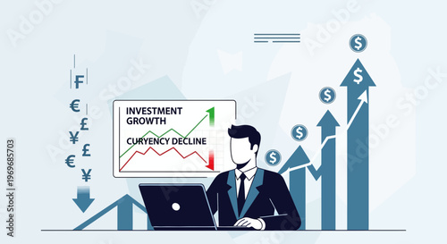 Businessman analyzing financial data with growth charts and currency symbols