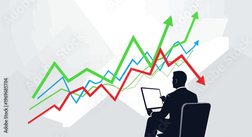 Businessman analyzing financial growth charts on laptop computer vector illustration