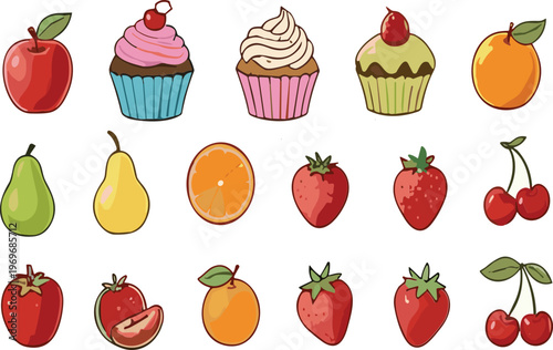 Cute fruits and cupcakes collection with apples strawberries oranges cherries and desserts, colorful food cartoon vector illustration set