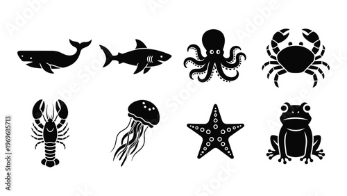 A collection of marine life and amphibious creatures depicted in stark black shapes creating a striking silhouette high quality professional detailed