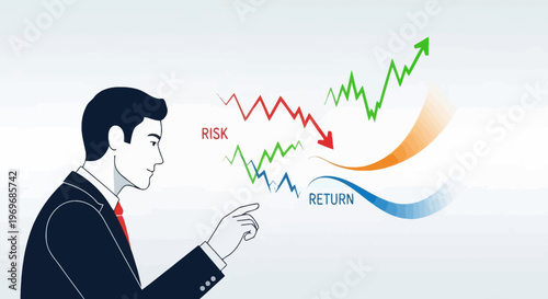 Businessman analyzing financial growth charts with risk and return concepts