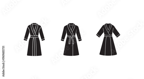 Three black robes with white outlines in different poses  front and side views  isolated on white background