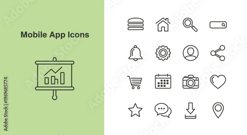 A versatile collection of modern outline vector graphic icons designed for mobile application interfaces and user experience design projects.