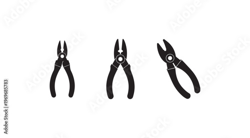 Three black pliers tools in different positions on white background for repair and construction work  various angles