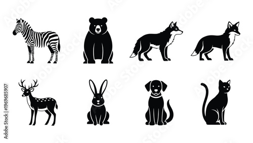 A collection of various animal figures including a zebra deer and fox presented in a stark black silhouette high quality professional