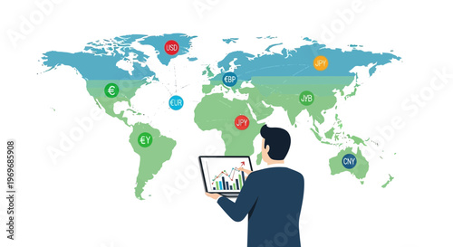 Businessman analyzing world map with financial data on digital tablet
