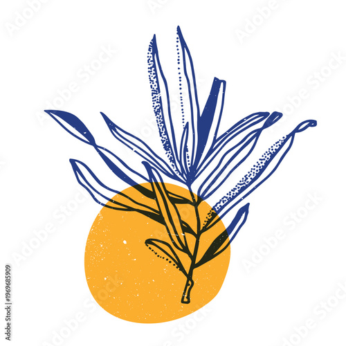 Tropical leaves with geometric shape. Colorful cute screen printing effect. Riso print. Vector illustration. Graphic element for print