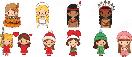 Cute girls characters collection in seasonal outfits including Thanksgiving Christmas winter and Valentine themes cartoon vector illustration set