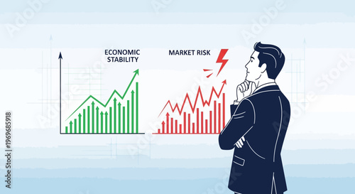 Businessman contemplating charts depicting economic stability and market risk analysis