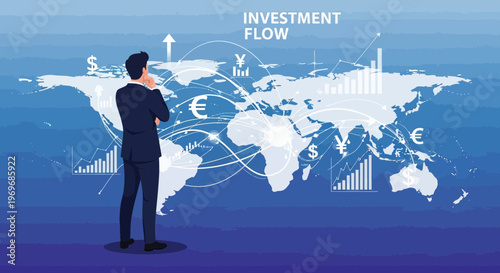 Businessman contemplating global investment flow on a world map illustration