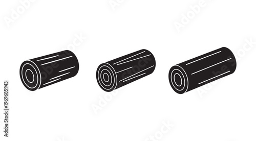 Three black rolled up yoga mats with white outlines isolated on white background