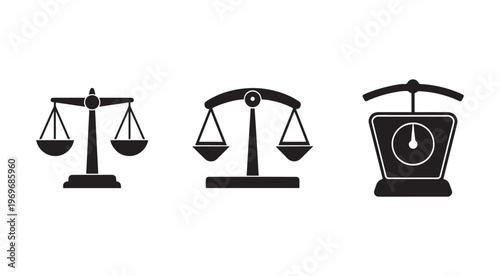 Three black scales icons including balance scales and a bathroom scale on white background  symbolizing justice and weight measurement