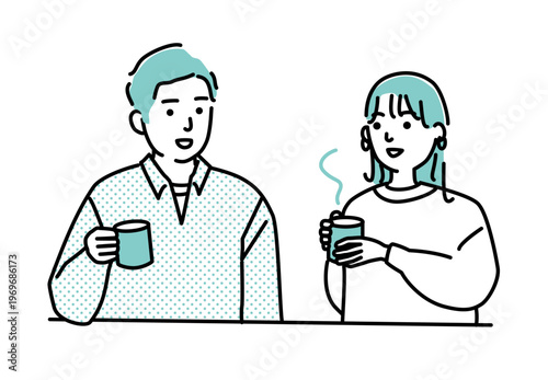 コーヒーを飲みながら会話するカジュアルな服装の若い男女